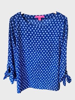Lilly Pulitzer Blue Polka Dot Tie-Sleeve Blouse